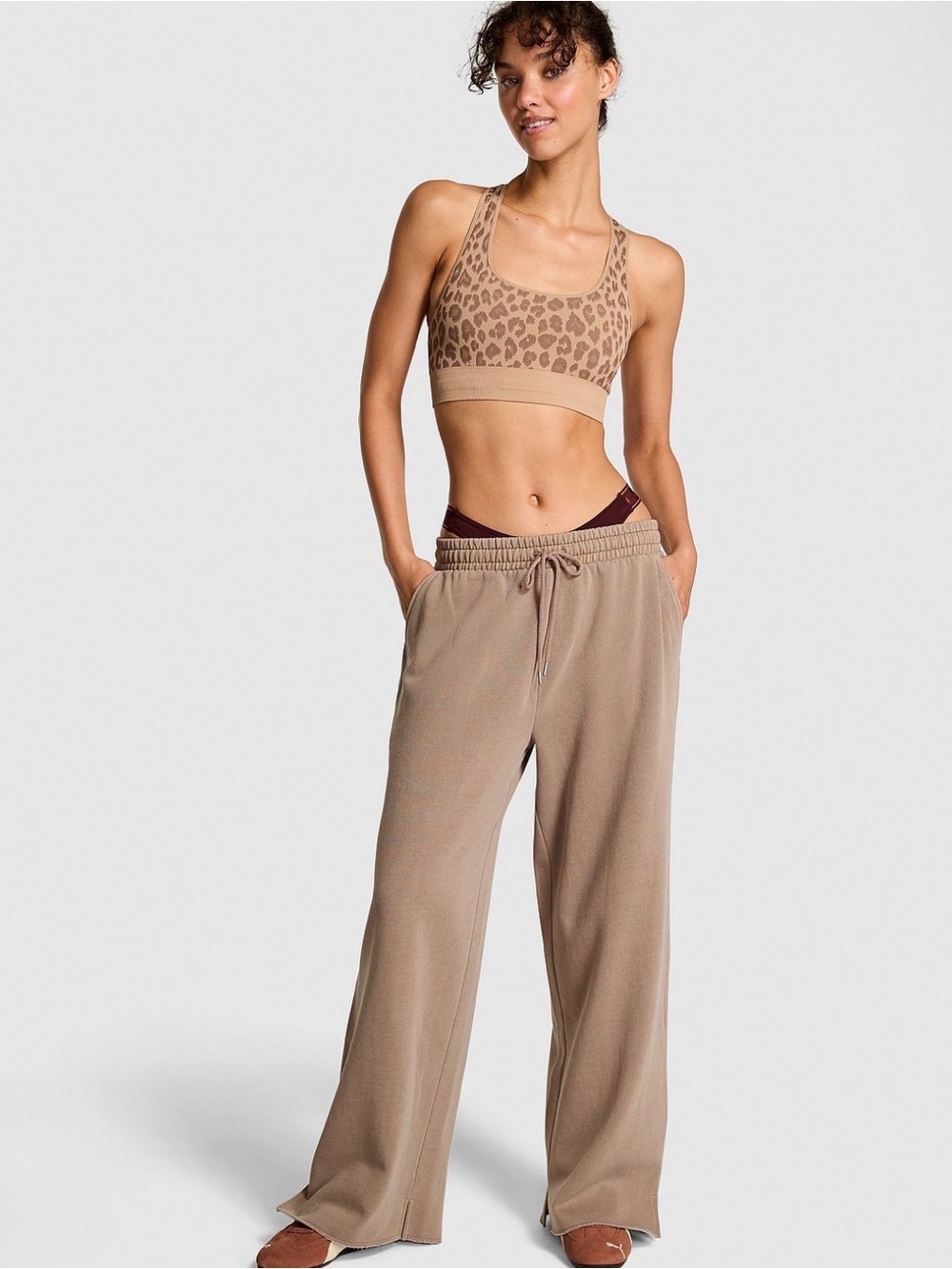 Pink campus fleece wide leg split hem sweatpants